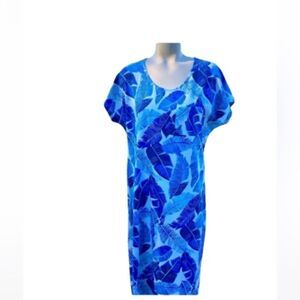 Land’s End  navy bright blue white abstract palm print Cotton midi dress SP